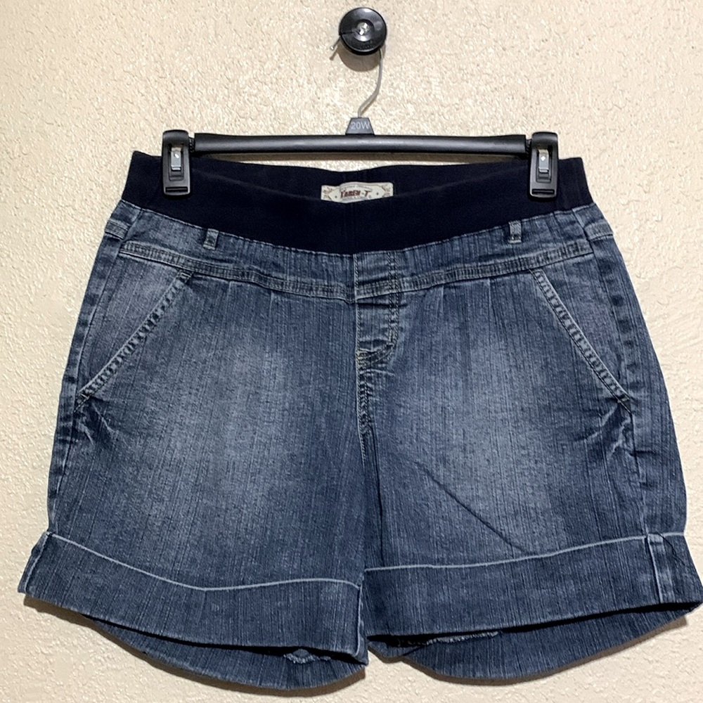 Karen T Jean Shorts L Blue Stretchy Maternity Mid Rise Ramie Cotton Spandex